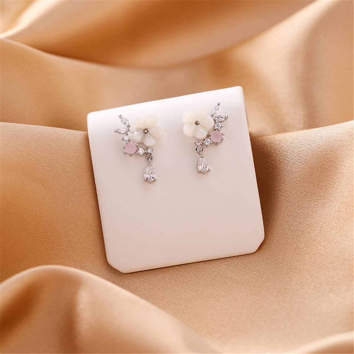 Cubic Zirconia and Pink Cat's Eye Flower Drop Earrings, drop earrings for women, everyday style, detail close-up