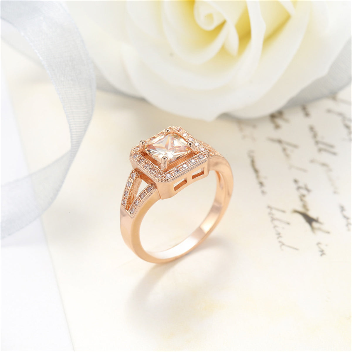 Cubic Zirconia and Crystal Princess-Cut Halo Ring, statement rings for women, dainty minimalist design, detail close-up