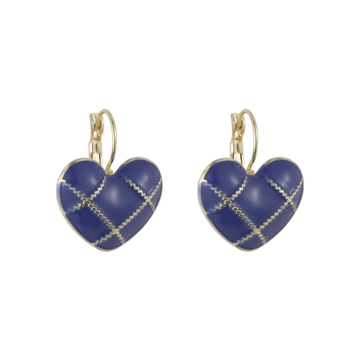 Blue Enamel and 18K Gold-Plated Lattice Heart Huggie Earrings, gold huggie earrings, elegant gift for her, front view