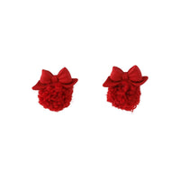 Red Enamel & Pom-Pom Bow Ball Stud Earrings