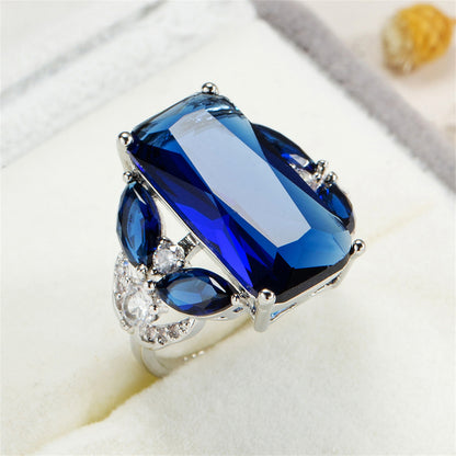 Cubic Zirconia and Blue Crystal Rectangle Ring, statement rings for women, dainty minimalist design, front view