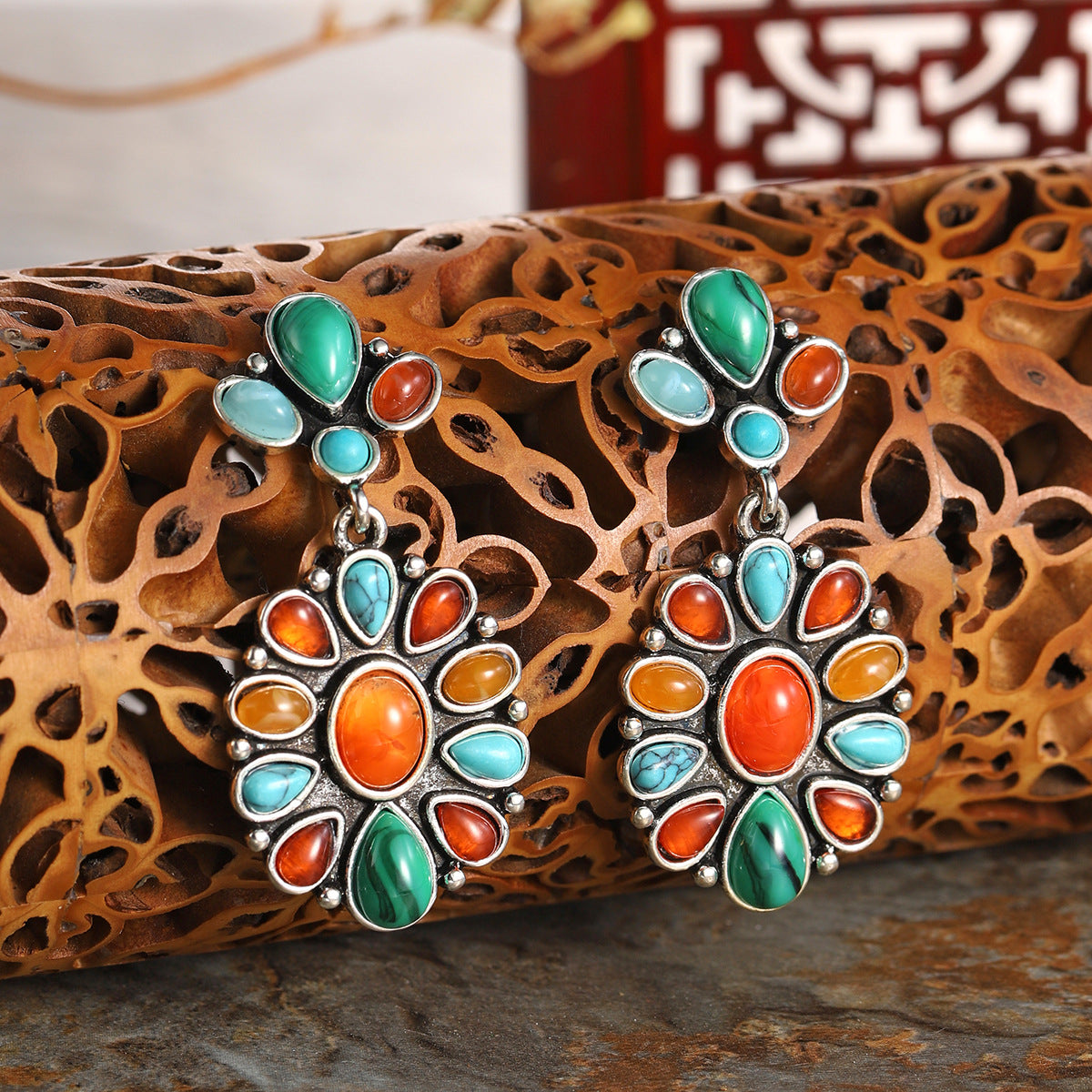 Orange Resin & Turquoise Silver-Plated Oval Drop Earrings