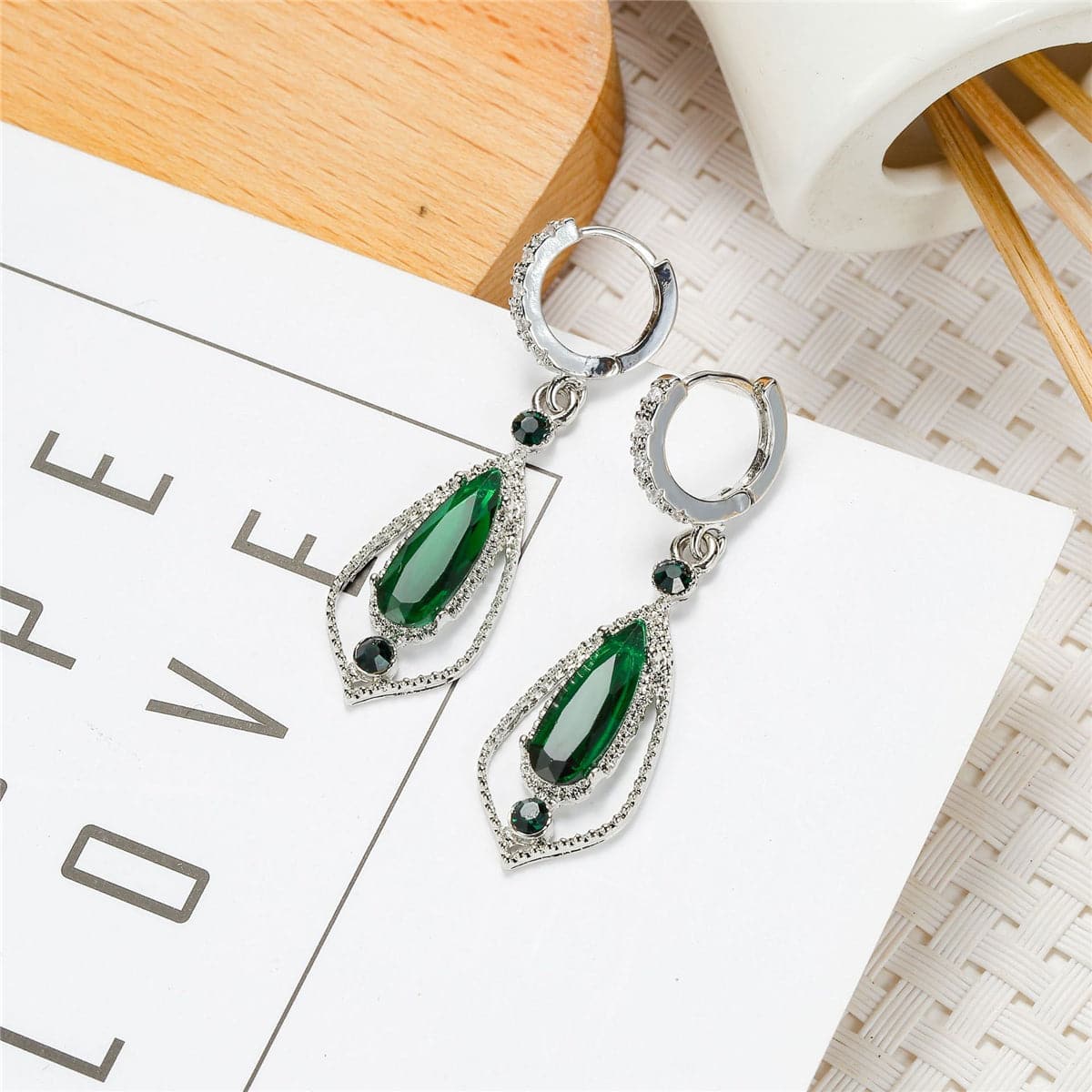 Green Crystal & Cubic Zirconia Open Drop Earrings