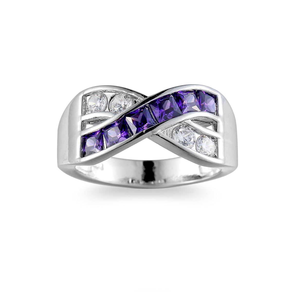 Purple Crystal and Cubic Zirconia Princess-Cut Crisscross Ring, statement rings for women, detail close-up