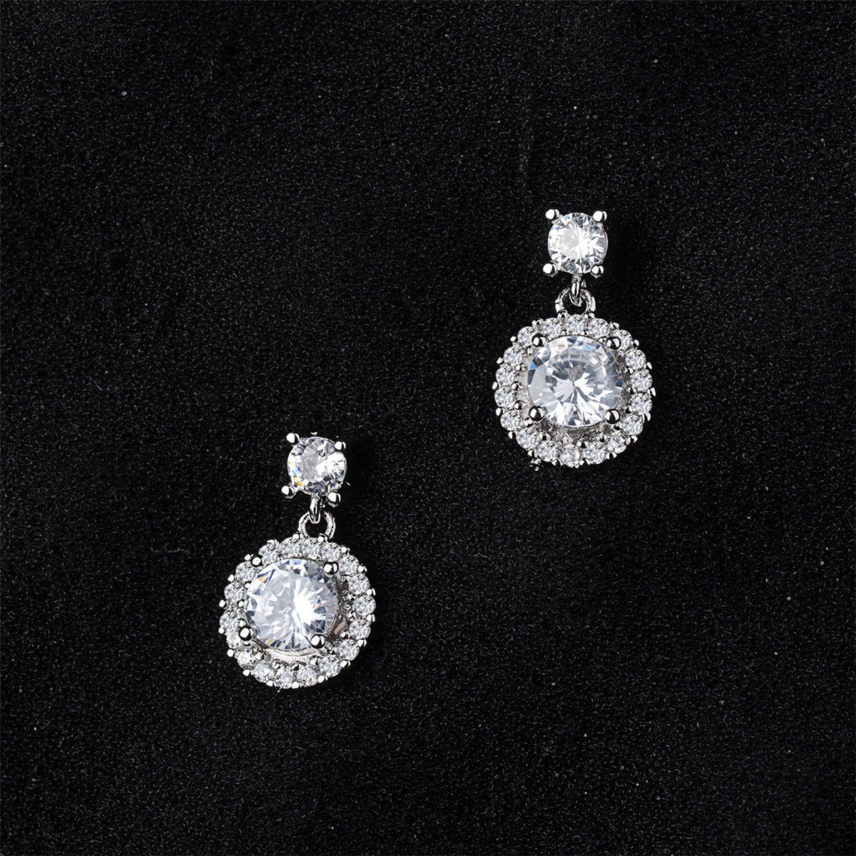 Cubic Zirconia and Silver-Plated Round-Cut Halo Drop Earrings, silver drop earrings for women, detail close-up