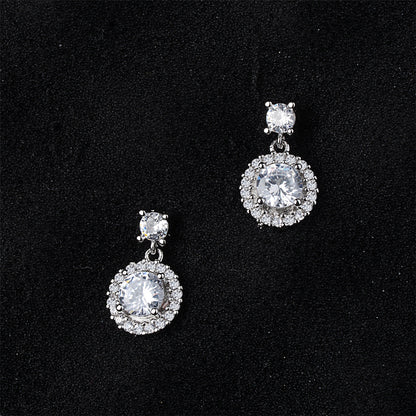 Cubic Zirconia and Silver-Plated Round-Cut Halo Drop Earrings, silver drop earrings for women, detail close-up