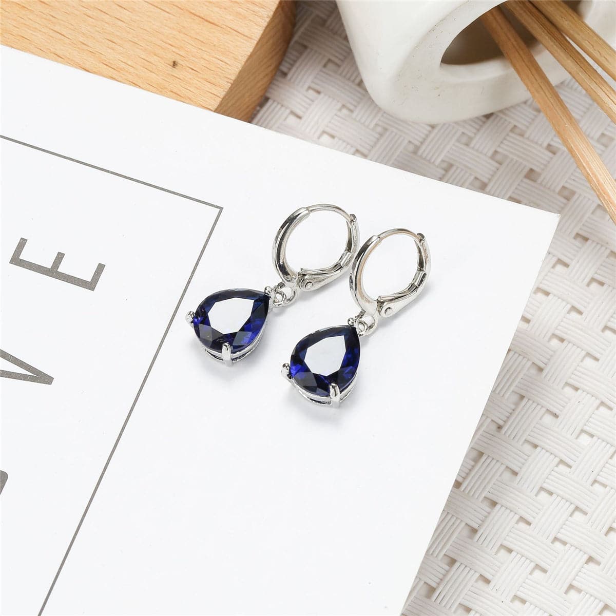 Navy Crystal & Silver-Plated Teardrop Earrings