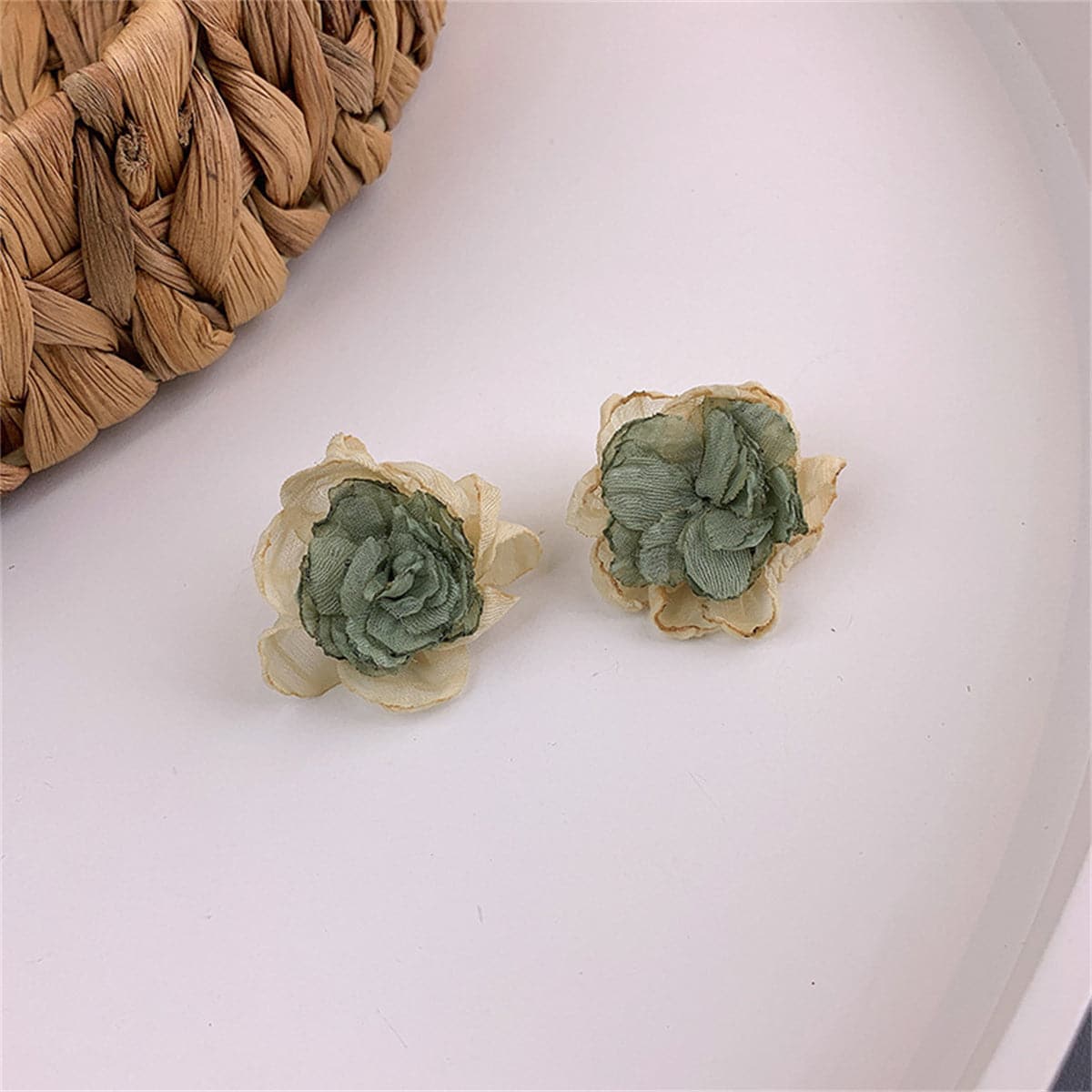 Beige and Green Chiffon Layered Floral Stud Earrings, stud earrings for women, dainty minimalist design, front view
