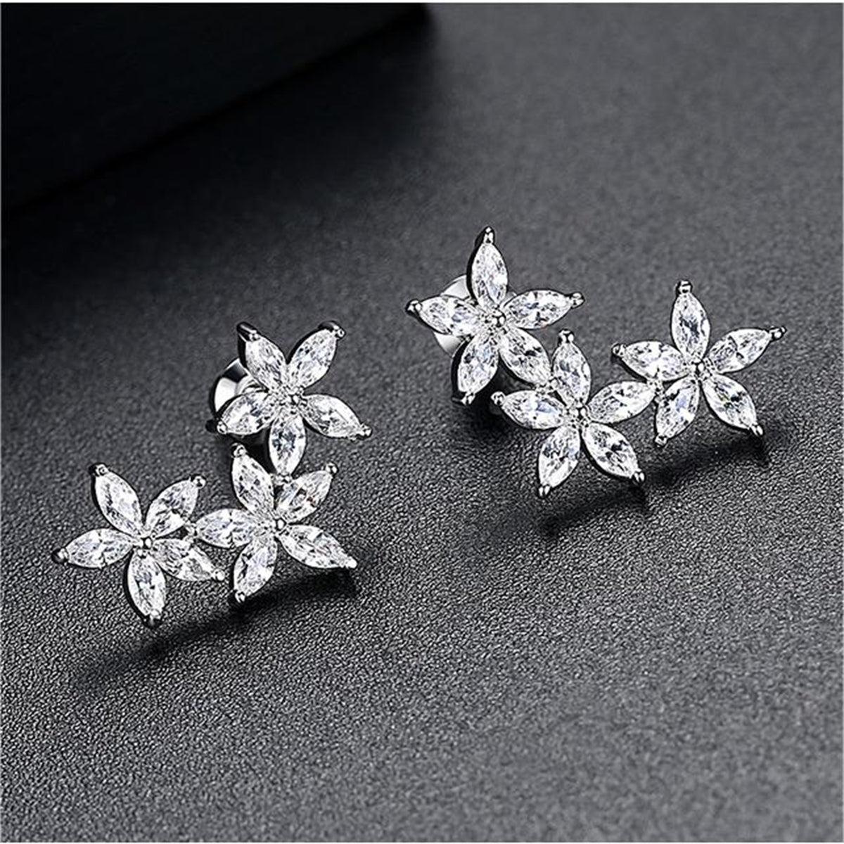 Crystal and Silver-Plated Flowers Ear Climbers, silver stud earrings for women, everyday style, detail close-up