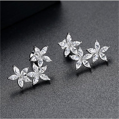Crystal and Silver-Plated Flowers Ear Climbers, silver stud earrings for women, everyday style, detail close-up
