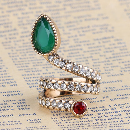 Green Crystal and Cubic Zirconia Snake Band Ring, statement rings for women, dainty minimalist design, side view