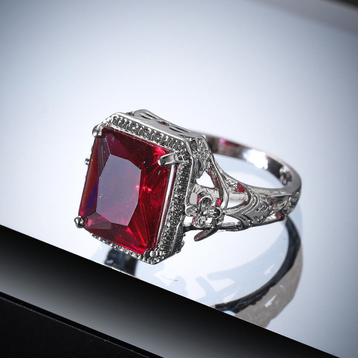 Red Crystal and Silver-Plated Openwork Floral Princess-Cut Ring, jewelry gift sets for women, detail close-up