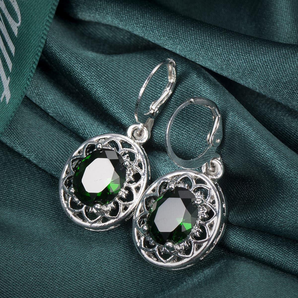 Green Crystal & Silver-Plated Floral Drop Earrings