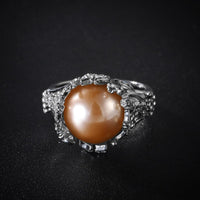 Champagne Imitation Pearl & Cubic Zirconia Floral Botany Ring