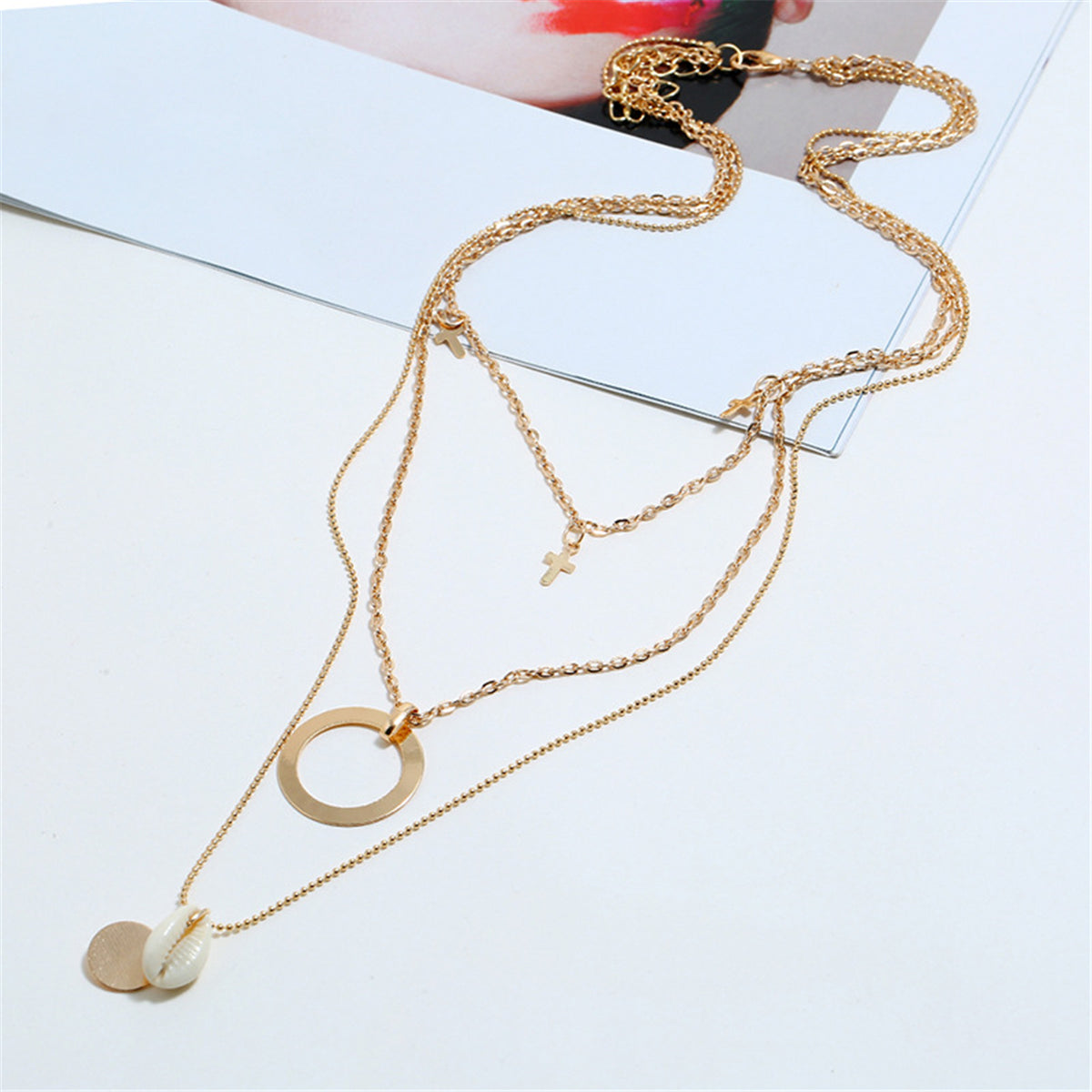 Shell and 18K Gold-Plated Cross Pendant Layered Necklace, gold pendant necklace for women, styled look