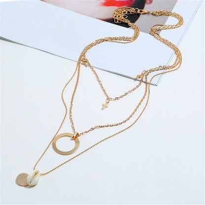 Shell and 18K Gold-Plated Cross Pendant Layered Necklace, gold pendant necklace for women, styled look