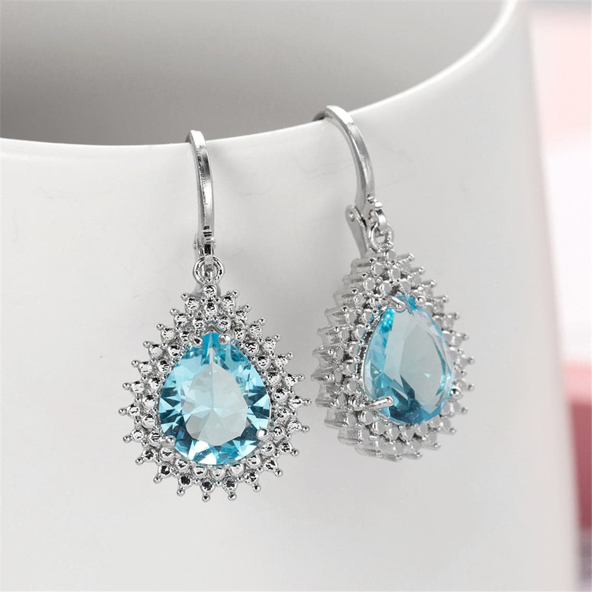 Blue Crystal & Silver-Plated Pear-Cut Halo Drop Earrings
