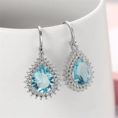 Blue Crystal & Silver-Plated Pear-Cut Halo Drop Earrings
