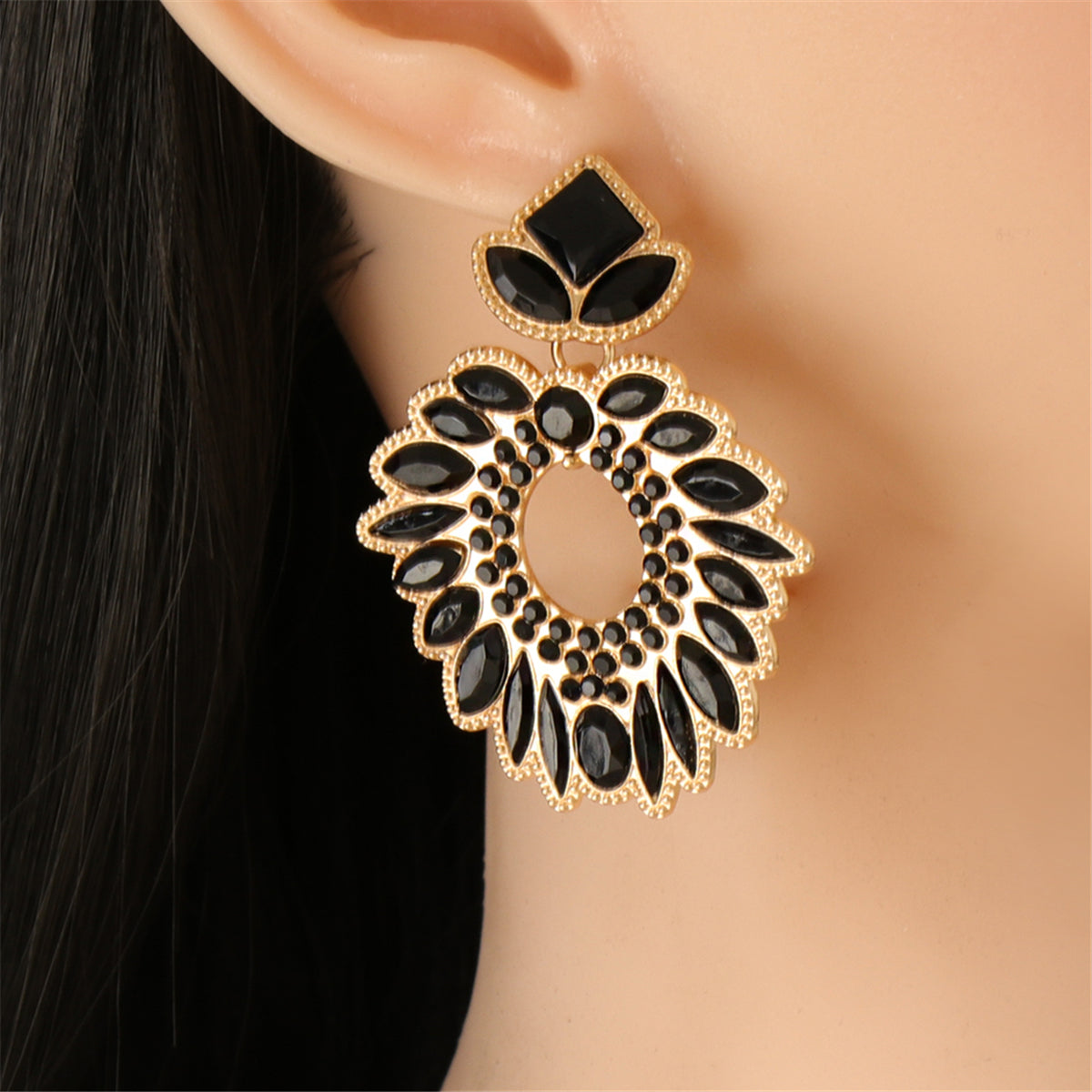 Black Crystal and Cubic Zirconia Geometric Drop Earrings, drop earrings for women, vintage-inspired design, front view