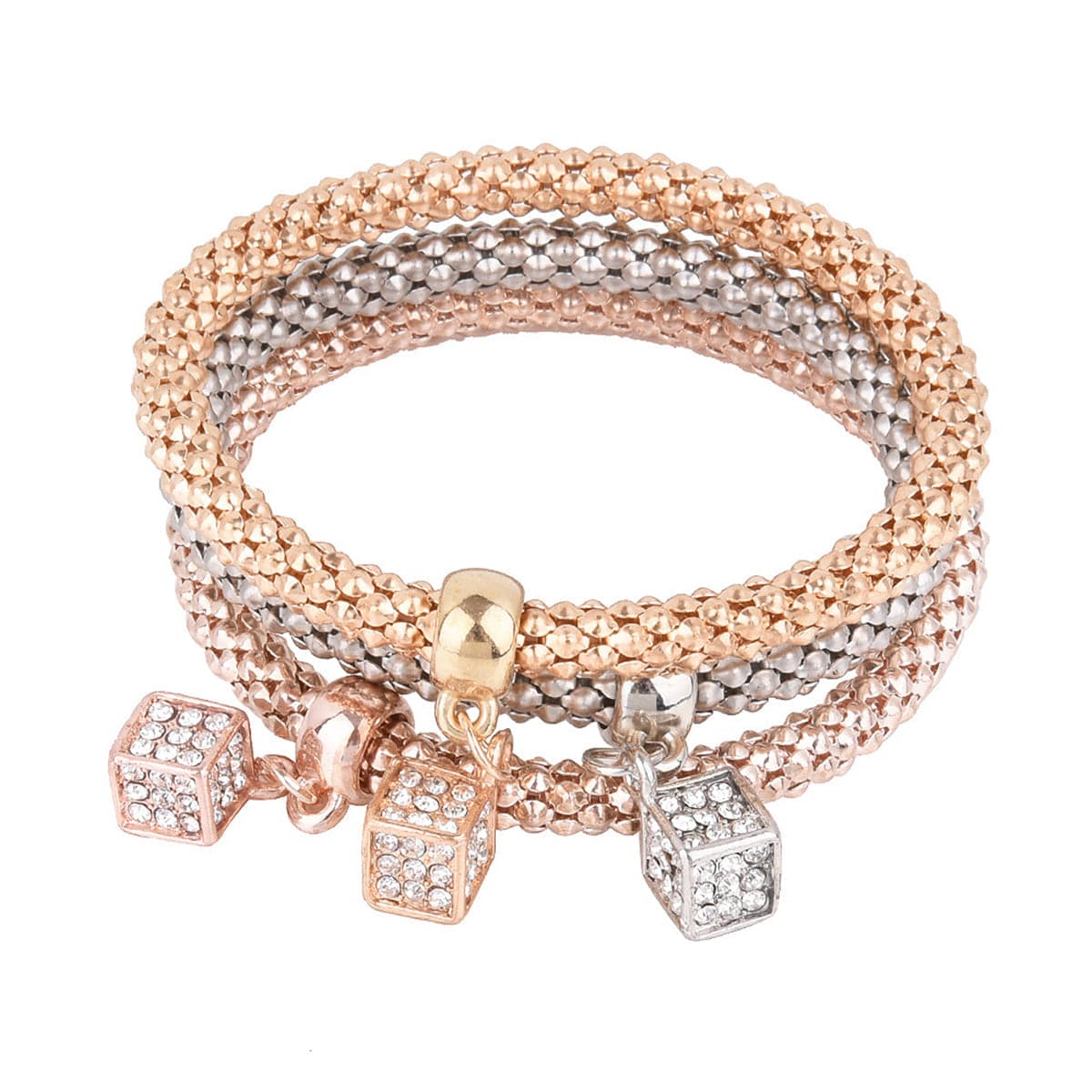 Cubic Zirconia & Three-Tone Hollow Cube Charm Bracelet Set