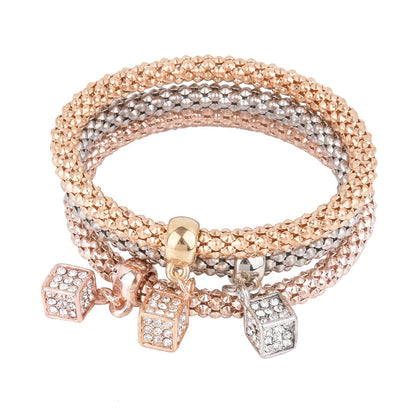 Cubic Zirconia and Three-Tone Hollow Cube Charm Bracelet Set, jewelry gift sets for women, everyday style, side view