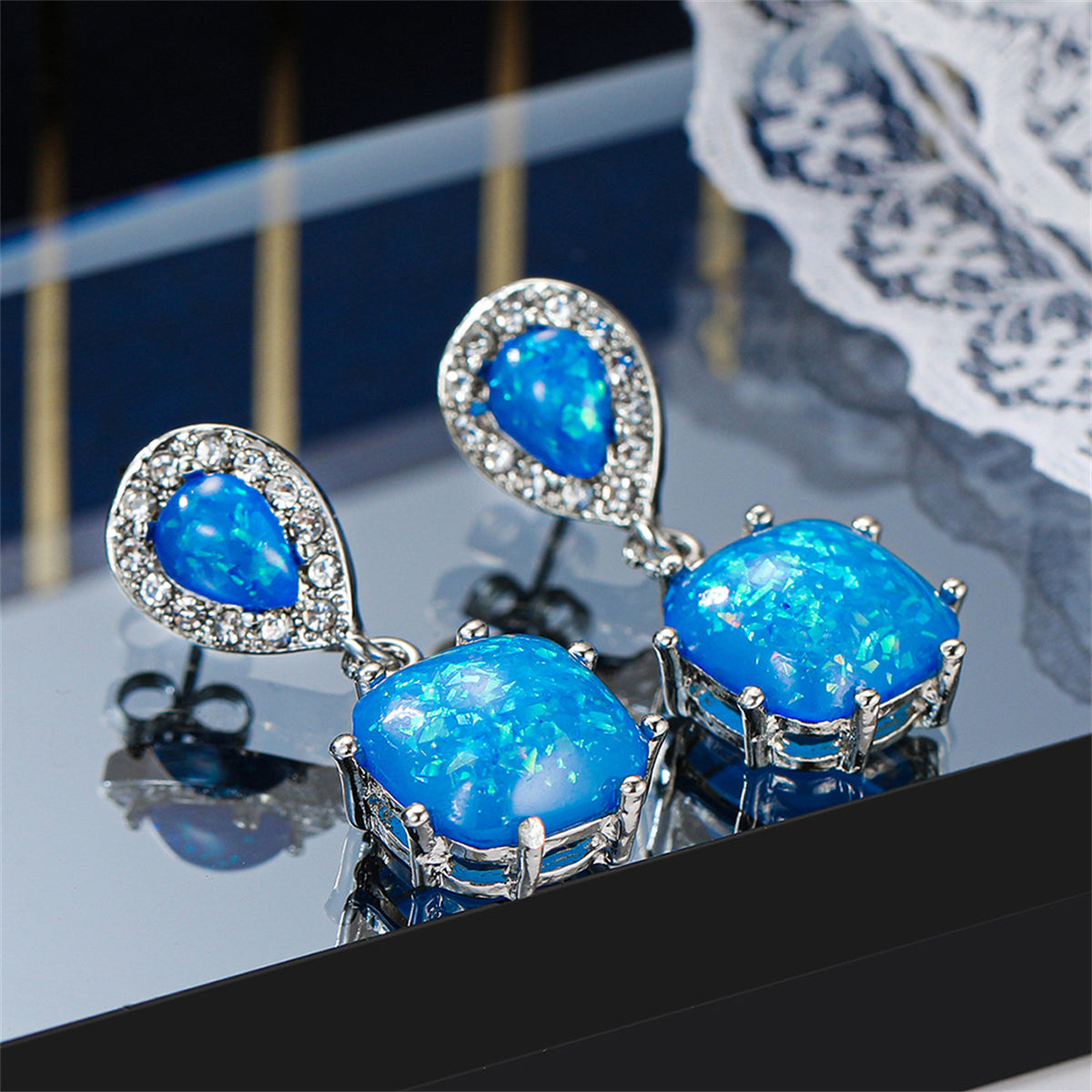 Blue Opal & Cubic Zirconia Drop Earrings