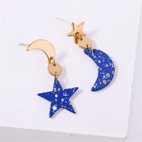 Blue & Goldtone Moon Star Asymmetrical Drop Earrings