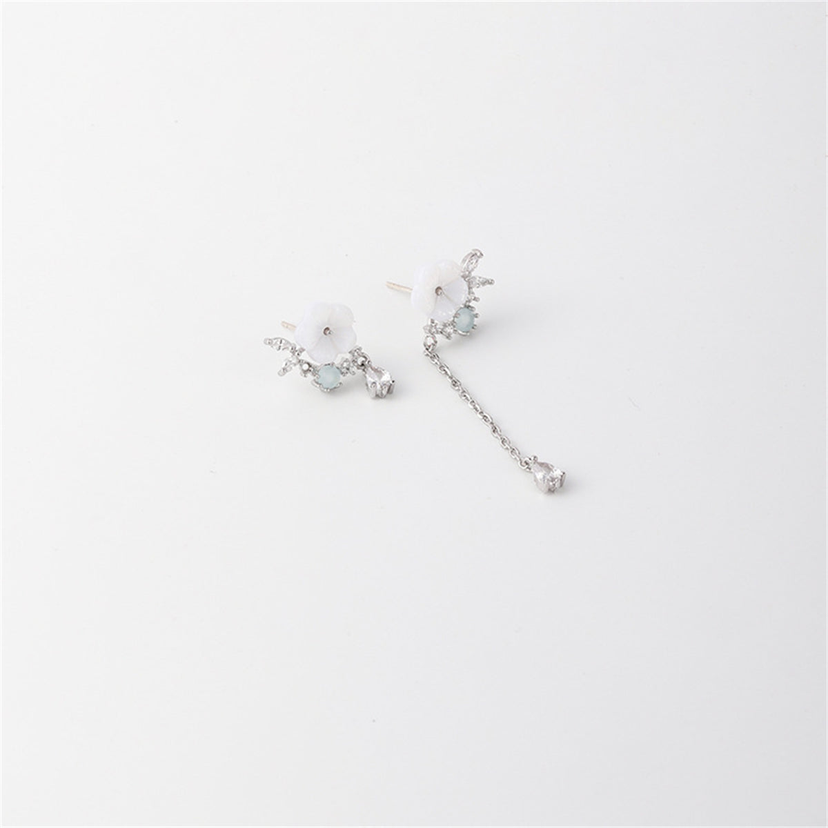 White Cat-Eye and Cubic Zirconia Floral Mismatched Drop Earrings, drop earrings for women, everyday style, detail close-up