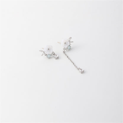 White Cat-Eye and Cubic Zirconia Floral Mismatched Drop Earrings, drop earrings for women, everyday style, detail close-up