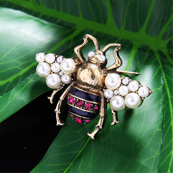 Imitation Pearl & Red Cubic Zirconia Insect Brooch