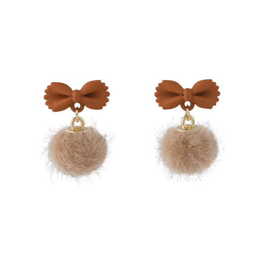 Coffee Enamel and Pompom 18K Gold-Plated Bow Ball Dangle Earring, gold drop earrings for women, front view