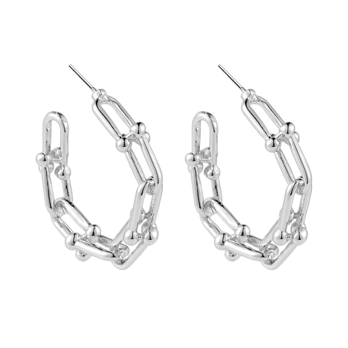 Silver-Plated Studded Paperclip Hoop Earrings, silver stud earrings for women, botanical inspired, front view