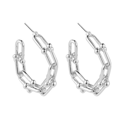Silver-Plated Studded Paperclip Hoop Earrings, silver stud earrings for women, botanical inspired, front view