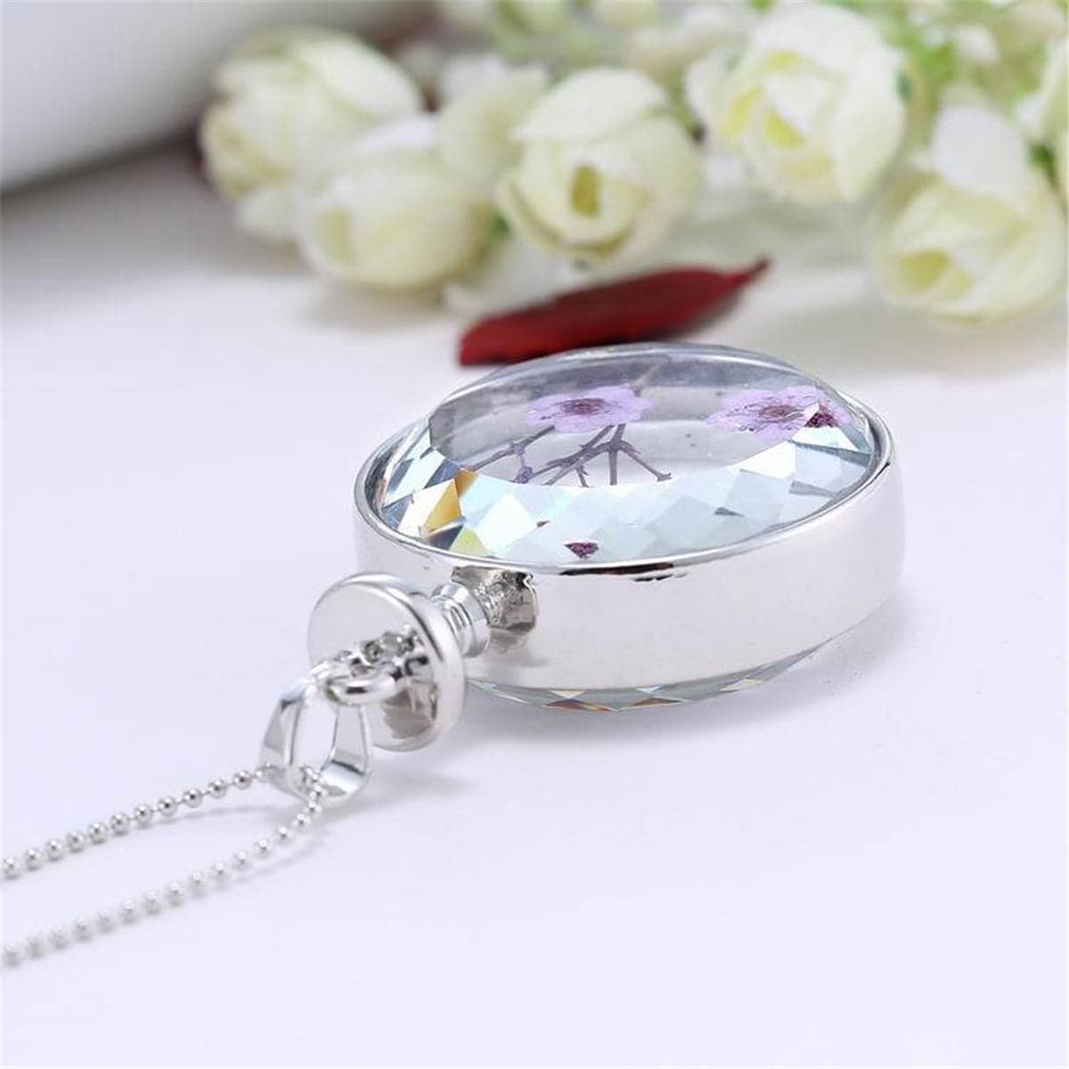 Purple Peach Blossom and Silver-Plated Round Pendant Necklace, silver pendant necklace for women, detail close-up