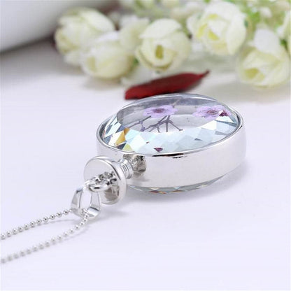 Purple Peach Blossom and Silver-Plated Round Pendant Necklace, silver pendant necklace for women, detail close-up