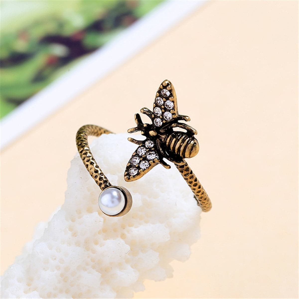 Cubic Zirconia & Pearl 18K Gold-Plated Antiqued Bee Bypass Ring