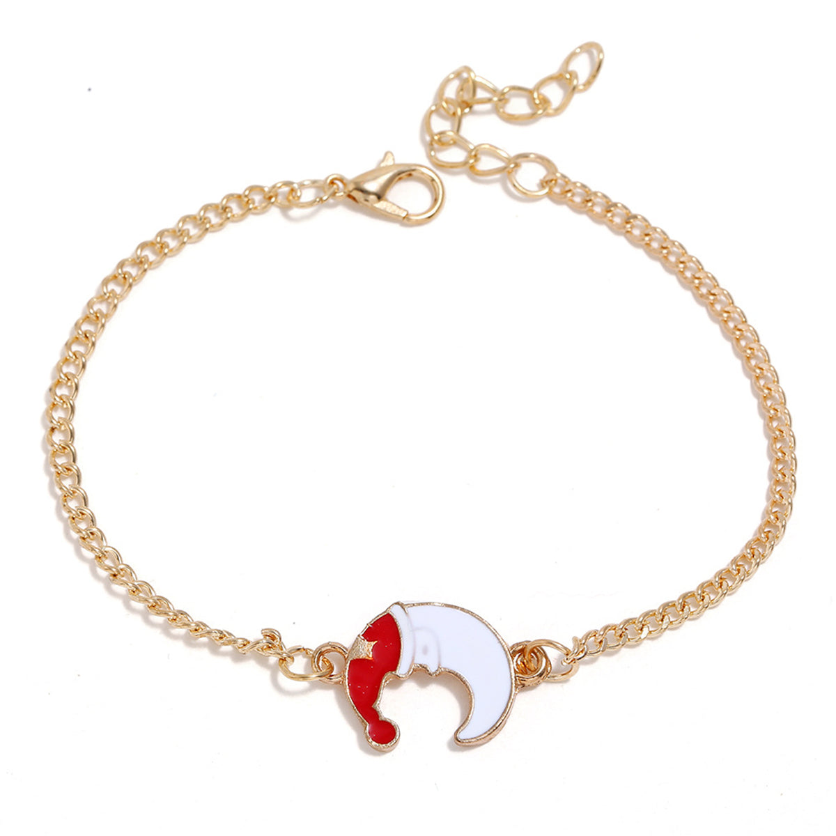 Red Enamel and 18K Gold-Plated Crescent Moon Santa Pendant Necklace Set, gold drop earrings for women, detail close-up
