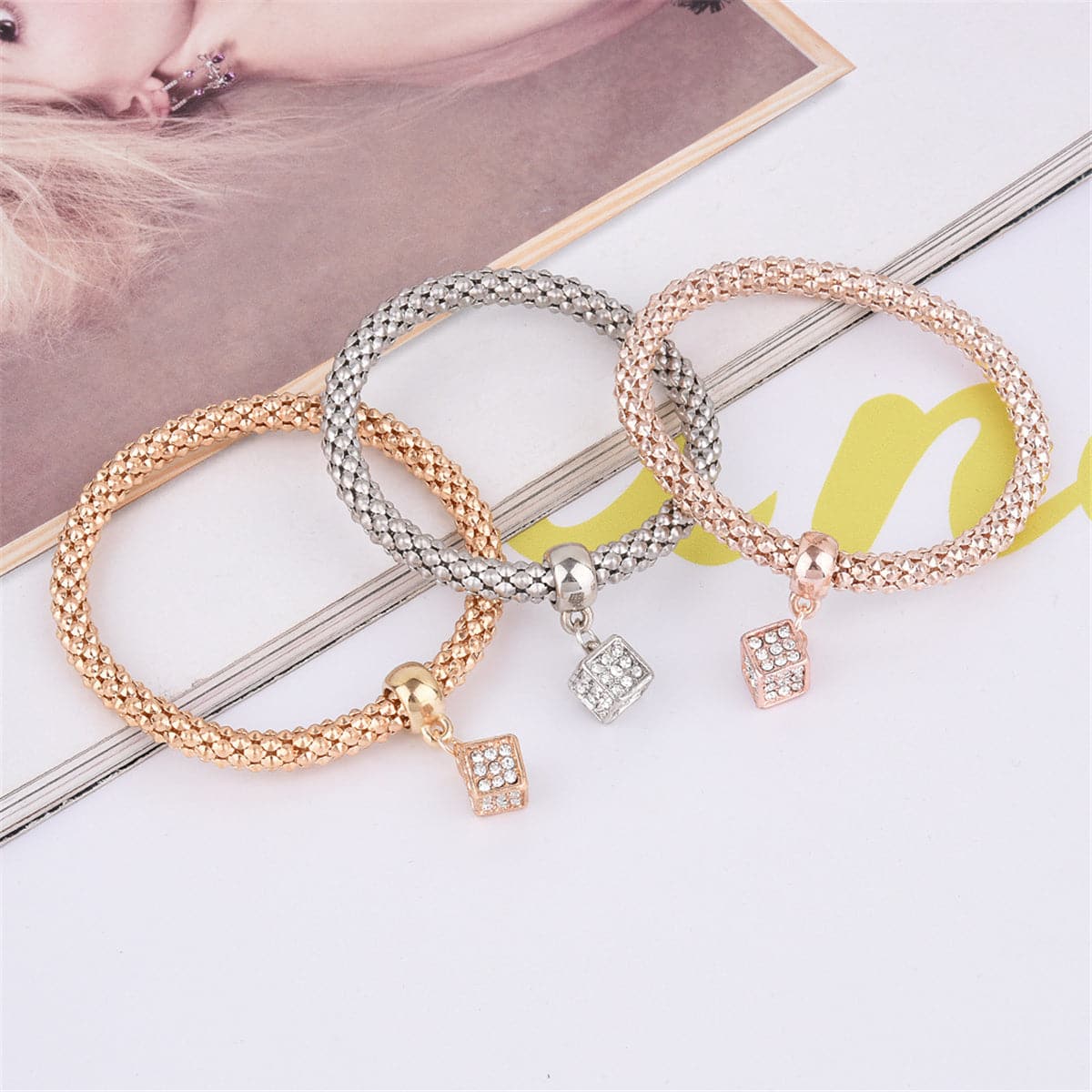 Cubic Zirconia and Three-Tone Hollow Cube Charm Bracelet Set, jewelry gift sets for women, everyday style, detail close-up