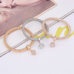 Cubic Zirconia & Three-Tone Hollow Cube Charm Bracelet Set