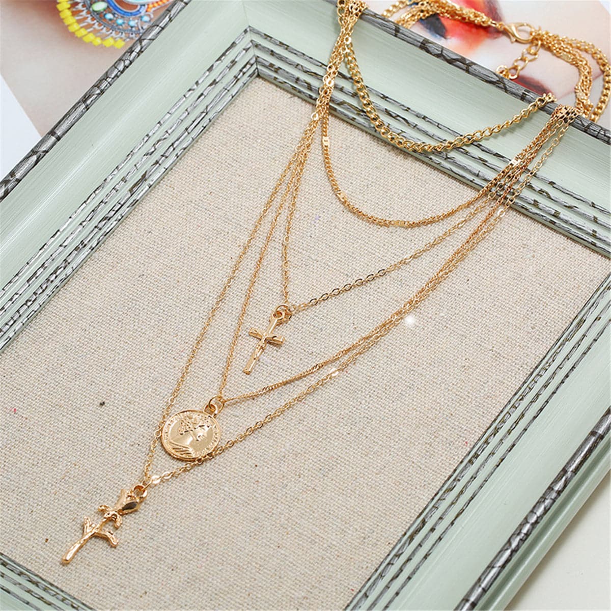 18K Gold-Plated Rose & Cross Layered Pendant Necklace