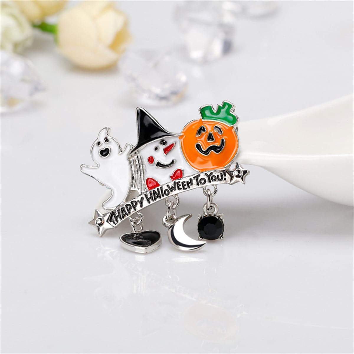 Cubic Zirconia & Enamel 'Happy Halloween' Pendant Brooch