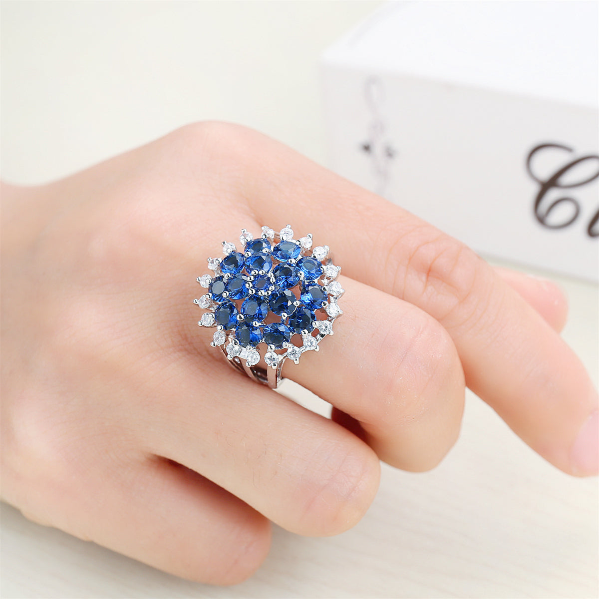 Navy Crystal and Cubic Zirconia Silver-Plated Floral Ring, silver statement rings for women, styled look
