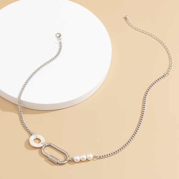 Pearl & Silver-Plated Carabiner Choker Necklace
