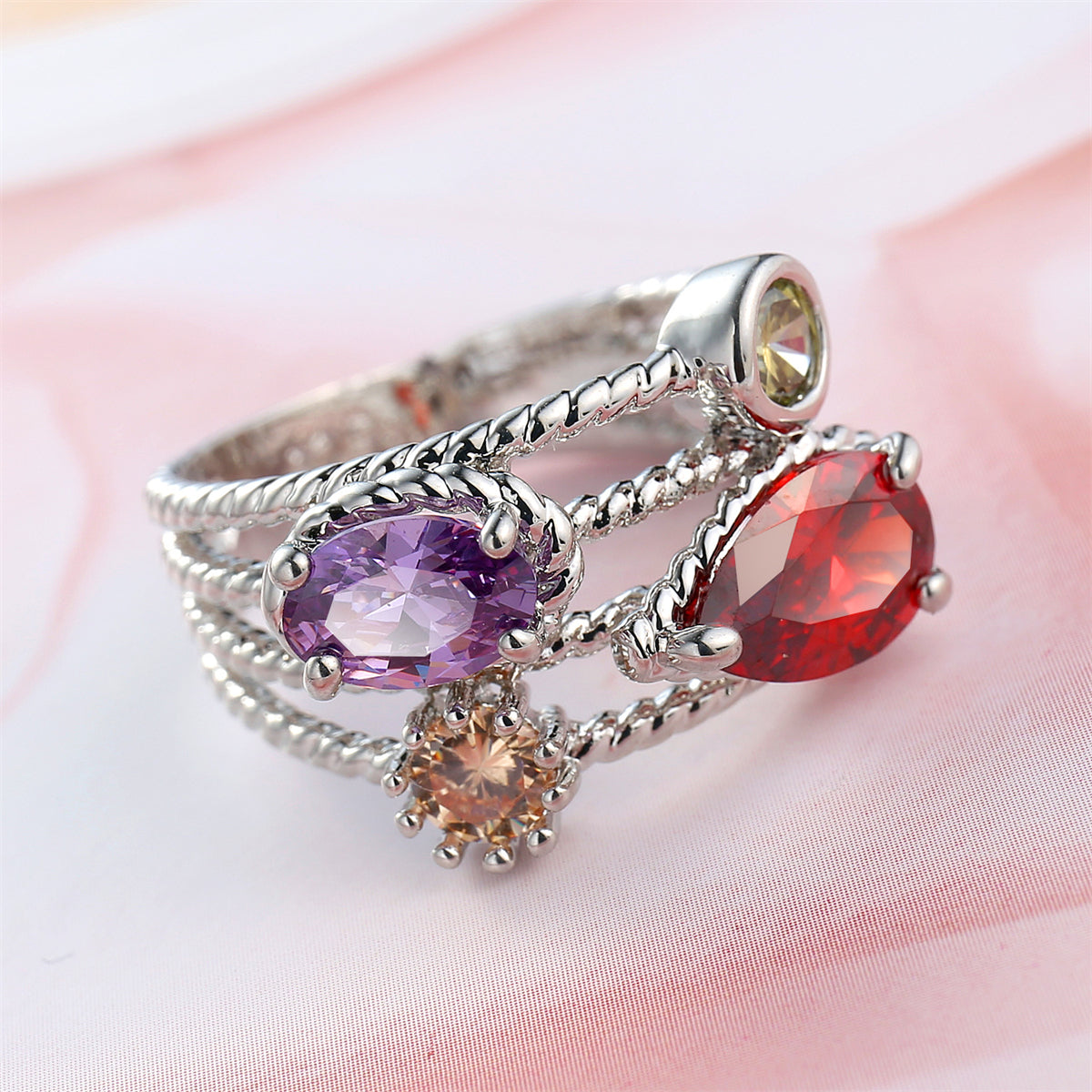Red and Purple Cubic Zirconia and Crystal Stacked Ring, statement rings for women, everyday style, detail close-up