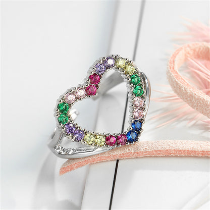 Red Cubic Zirconia and Silver-Plated Open Heart Ring, silver statement rings for women, vintage-inspired design, front view