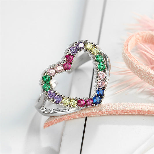 Red Cubic Zirconia and Silver-Plated Open Heart Ring, silver statement rings for women, botanical inspired, front view
