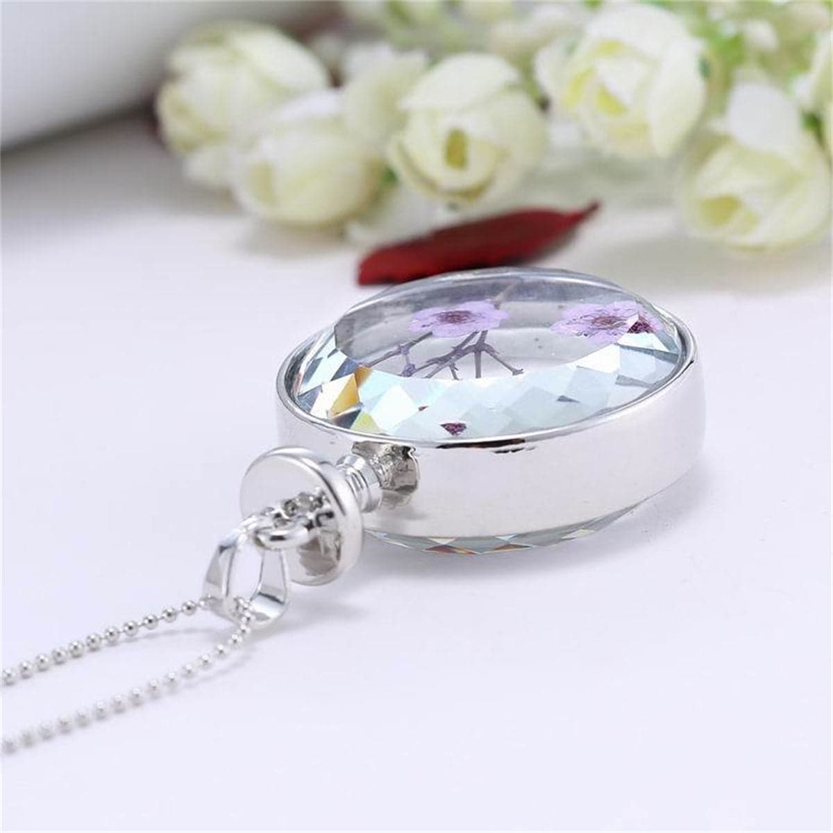 Purple Peach Flower and Silver-Plated Round Pendant Necklace, silver pendant necklace for women, styled look