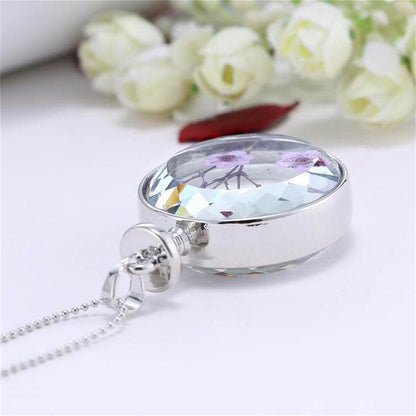 Purple Peach Flower and Silver-Plated Round Pendant Necklace, silver pendant necklace for women, styled look