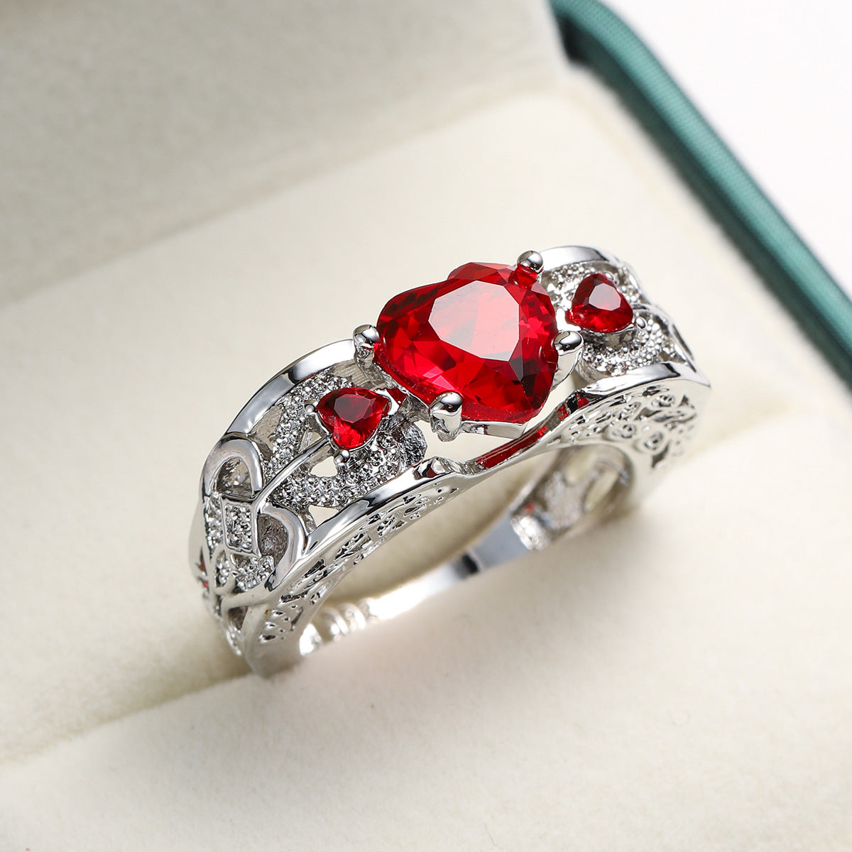 Red Crystal & Cubic Zirconia Floral Heart-Cut Band