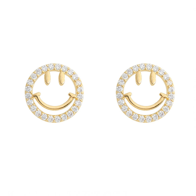 Cubic Zirconia and 18K Gold-Plated Smiley Face Stud Earrings, gold stud earrings for women, everyday style, side view